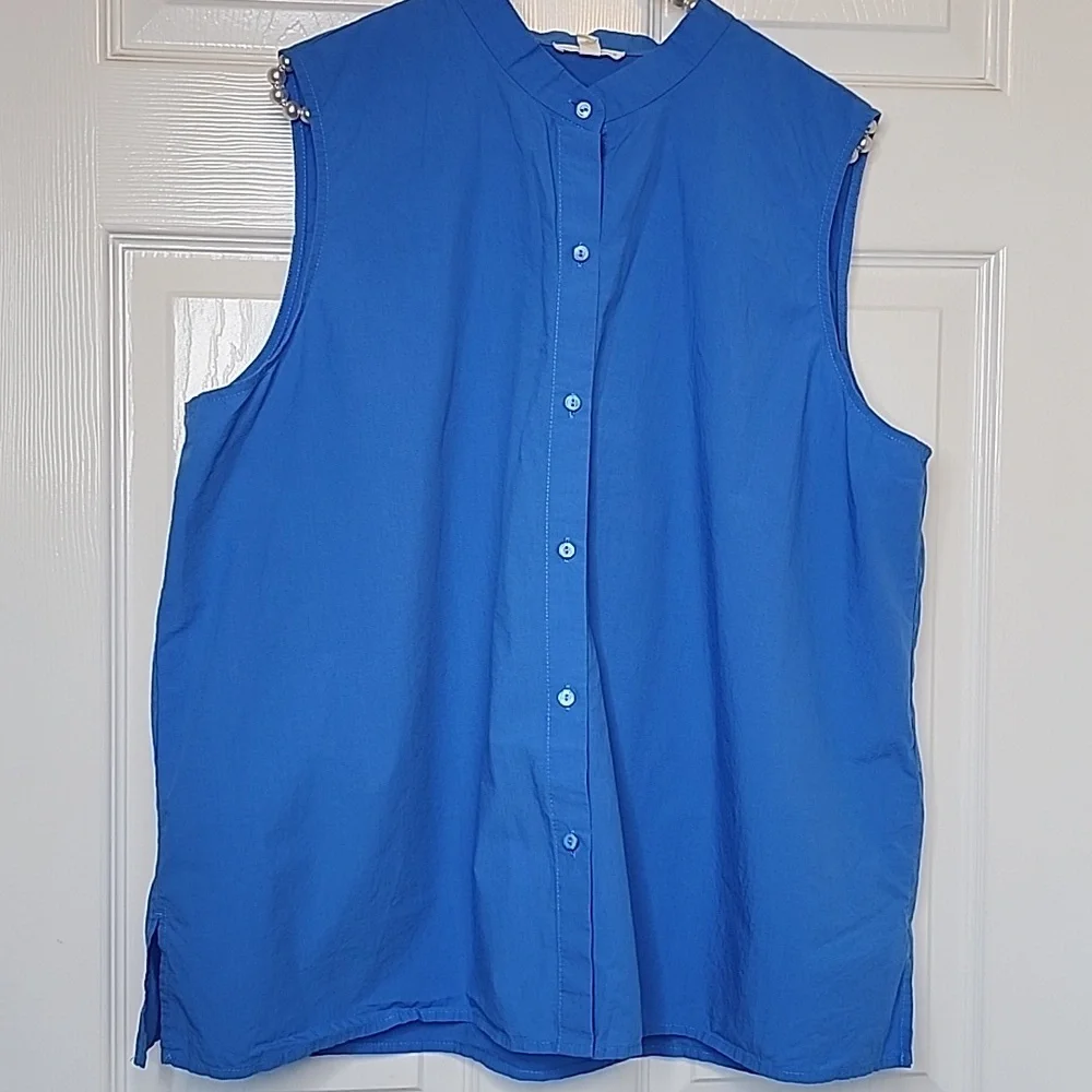 Eileen Fisher Washed Organic Calypso Cotton Poplin Blue Mandarin Collar Shirt - Picture 4 of 11